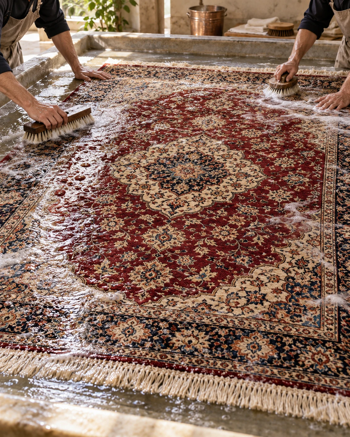 Illustration of specialists carefully hand washing a Persian rug